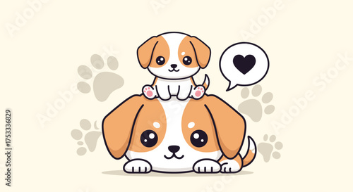 A heartwarming illustration of a large dog with a puppy sitting atop its head showcasing their loving bond.
