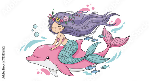 A happy mermaid with long purple hair rides a pink dolphin through the blue ocean water.