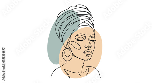 Abstract minimalist line art of a woman with a headwrap and earrings.