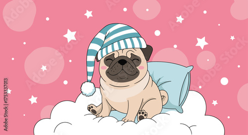 A cute pug dog wearing a striped sleeping hat rests peacefully on a cloud surrounded by stars and bubbles.