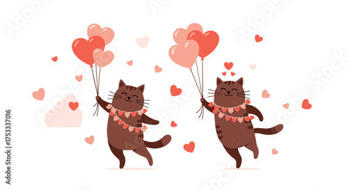 Two adorable cats with heart-shaped balloons celebrate love and friendship on this special day.