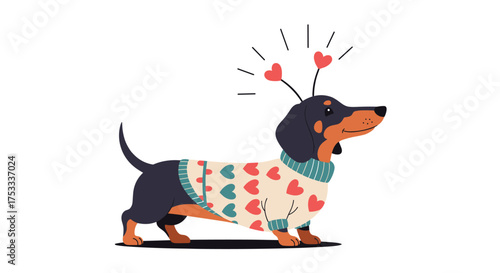 A cute dachshund wearing a sweater with hearts and heart antenna decoration.