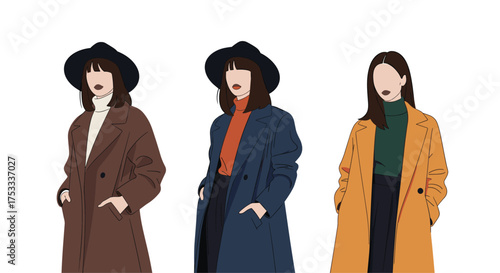 Fashionable women wearing stylish coats and hats for autumn season.