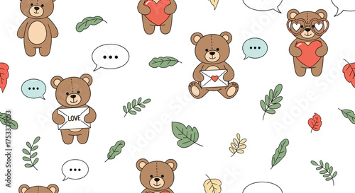Cute teddy bears communicating and sharing love in a whimsical pattern design.