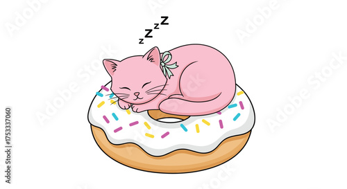 A cute pink cat sleeping peacefully on a delicious donut with colorful sprinkles.