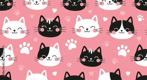 Cute cartoon cats and paws pattern with hearts and pink background.