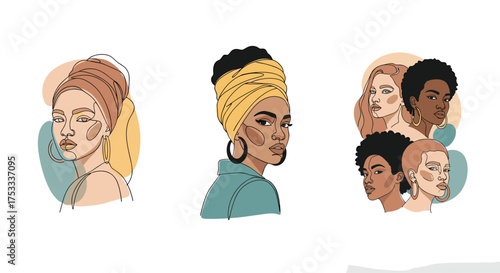 Diverse women illustrated with abstract shapes celebrating individuality and beauty.