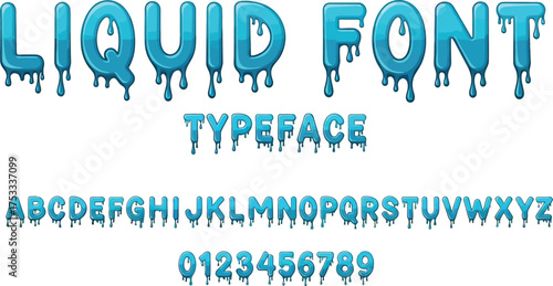 Cartoon Liquid Font Typeface Set with Blue Drips on White Background