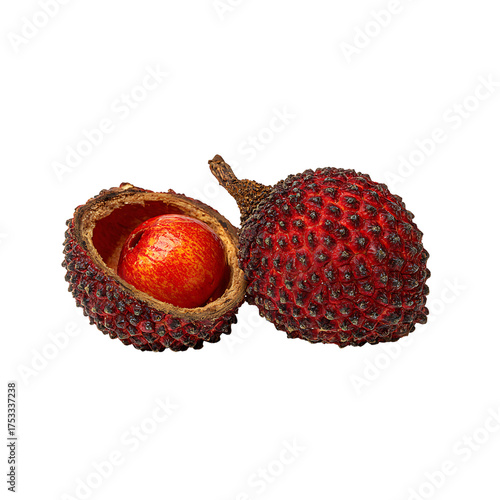 Exotic red fruit with vibrant texture revealing a juicy seed, perfect for culinary projects, food blogs, and health campaigns