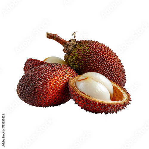 Exotic red and green fruits with a unique textured exterior and juicy white flesh, perfect for culinary projects