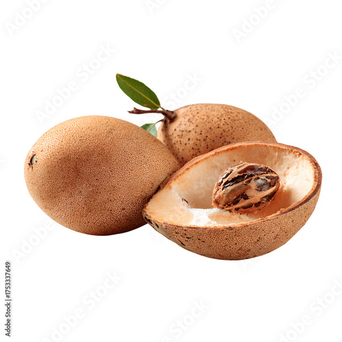 Fresh sapodilla fruit, one sliced open to reveal the seed, perfect for illustrating healthy eating or exotic cuisine concepts