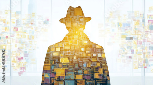 Image features silhouette of person wearing hat, filled with vibrant pattern of colorful squares and rectangles, suggesting themes of mystery
