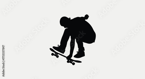 Skateboarder silhouette performing dynamic aerial trick. Action sports graphic on clean white background.
