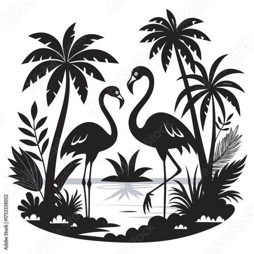 Flamingos in Tropical Landscape Silhouette