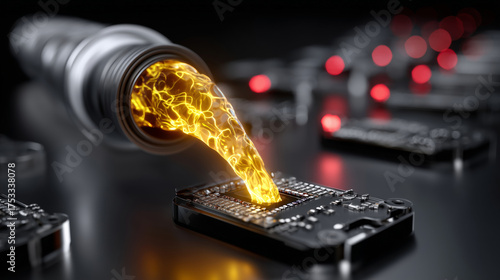 Digital data stream flowing from connector into circuit board, showcasing technology and innovation