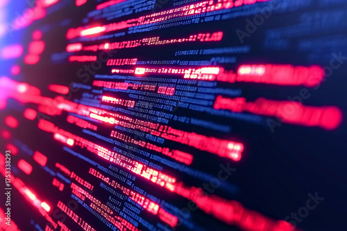 Digital display of binary code with vibrant red and blue colors, representing technology and data visualization