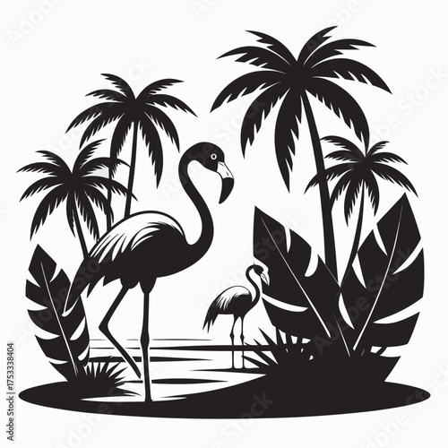 Flamingos in Tropical Landscape Silhouette