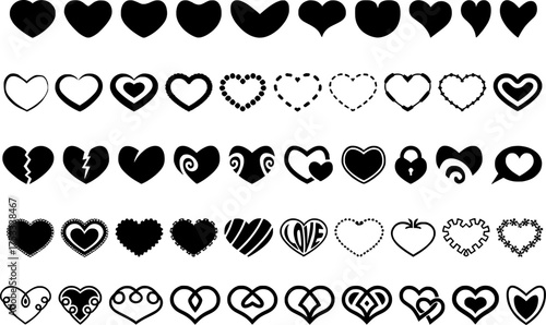 Black Heart Outline Collection – Love and Romance Symbol Icons in Minimal Vector Style