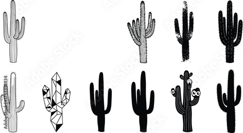 Cactus plant silhouette collection, desert botanical vector illustration, black and white minimal art, tropical nature design, geometric cactus graphic