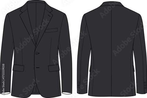 Black formal blazer front and back view, single‑breasted jacket with notch lapel, flap pockets, chest welt pocket, two‑button closure design