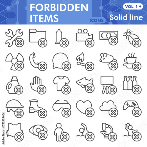 Prohibited items symbols collection or sketches, prohibition theme with line style signs for web and app. Vector graphics isolated on white background.