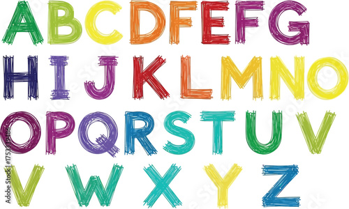 Colorful Handwritten Alphabet A to Z on White Background, Playful Scribbled Letters