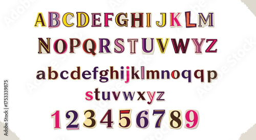 Colorful Paper Cutout Style Alphabet Letters and Numbers on White Background