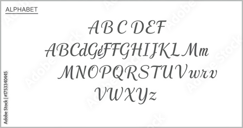 Complete Calligraphic Alphabet Letters on White Background; Upper Lower Case