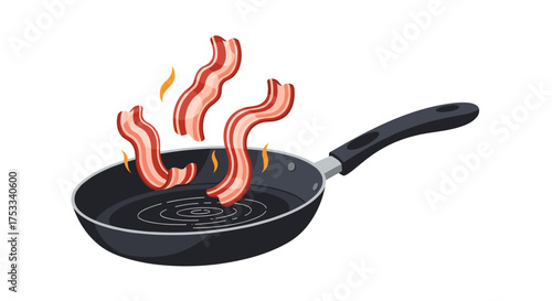 Crispy strips of cured pork belly sizzle in a black frying pan with steam rising above.