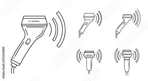 A set of six black and white line drawings of electric shavers with wireless signals emitted from them on a clean white background.