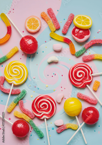 Assorted candies and lollipops on colorful background