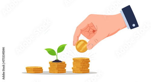 A hand is placing a coin on a stack of coins with a small plant growing on one of them.