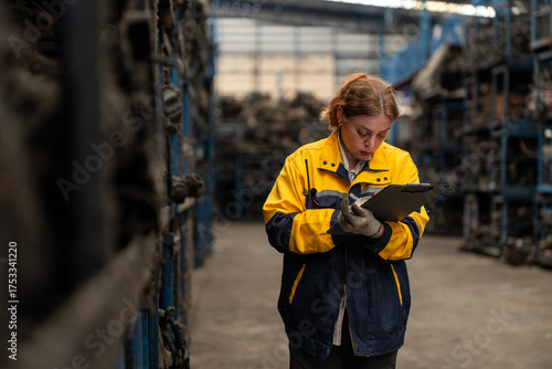 Female warehouse worker with cardboard checking secondhand automotive car spare parts on shelves in warehouse at used car part shop.