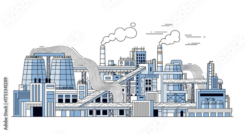 A comprehensive illustration depicting a sprawling industrial complex with multiple structures and smoking chimneys.