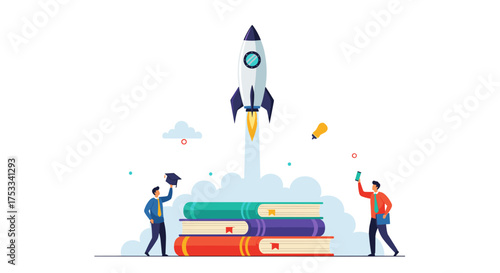 Students launch into knowledge and success with a rocket powered by educational books.