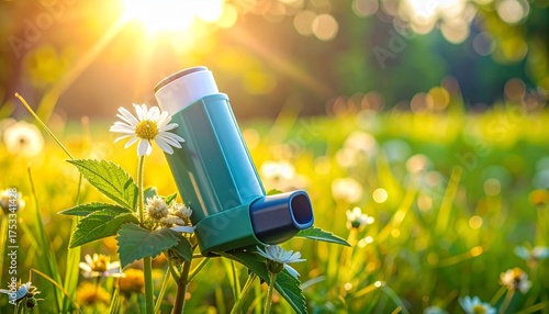 Render a teal asthma inhaler placed among blooming daisies in a sunlit meadow with green grass and warm light, isolated to emphasize respiratory wellness, nature’s healing, and breath symbolism.