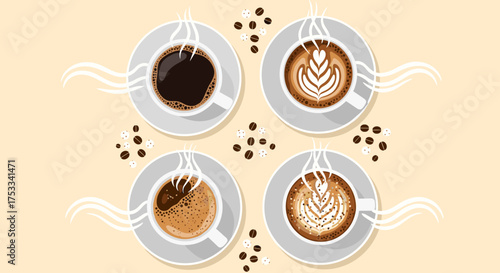 Four steaming cups of coffee and coffee beans arranged in a circular pattern.