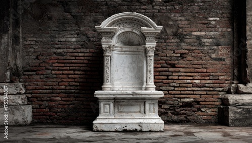 A weathered white alcove stands before a textured red brick wall. The floor appears aged
