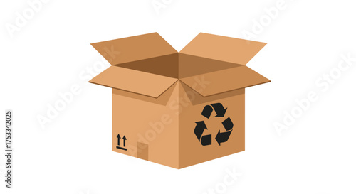 A cardboard box with recycling symbol and shipping markings is open and empty. It suggests eco-friendly packaging solutions for various delivery needs.