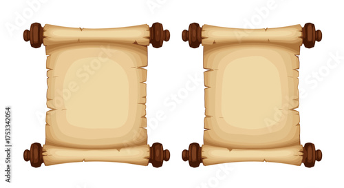 Two ancient parchment scrolls are displayed side by side on a white background.