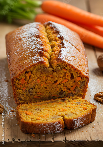 Carrot cake with fresh carrots overhead view