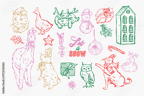 Whimsical Hand Drawn Christmas Animals and Holiday Elements Collection