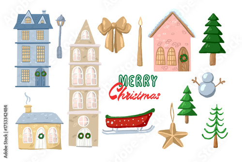 Hand Drawn Christmas Houses and Holiday Decor Set