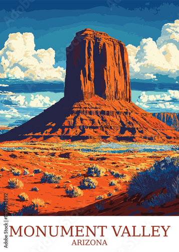 Majestic sandstone butte formations rising dramatically from the vast desert landscape, embodying the spirit of the American Southwest and travel adventure