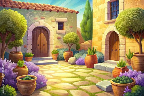 Mediterranean courtyard garden with terracotta pots, lavender, olive trees, and stone walls, warm sunlight