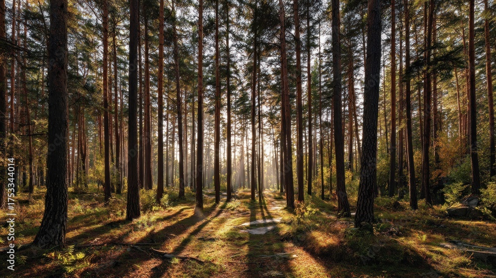 Fototapeta premium Sunlight through pine trees