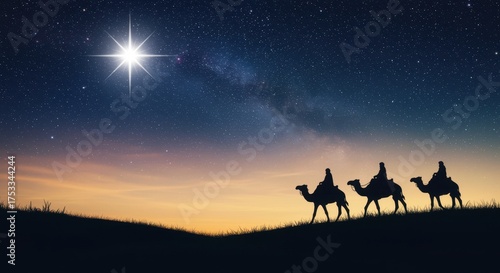 Three Wise Men Silhouetted on Camels Under a Starry Night Sky nativity biblical