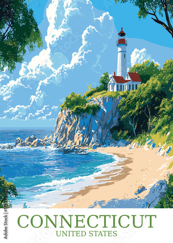 Capture the serene beauty of the Connecticut coast, with its historic lighthouse and scenic shoreline, ideal for travel promotions and coastal themes