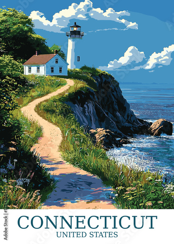 Charming Connecticut travel poster showcasing scenic coastal landscapes with iconic lighthouse on rocky cliffs, inviting exploration and tourism