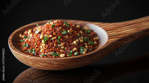 Fototapeta Naklejka Na Ścianę i Meble -  Dried and crushed spices in a wooden spoon